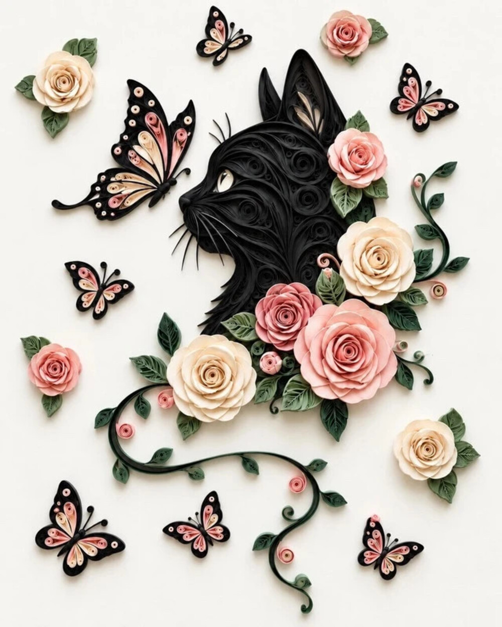 8x10 Framed Black Cat Roses Butterfly Quilling Art Print